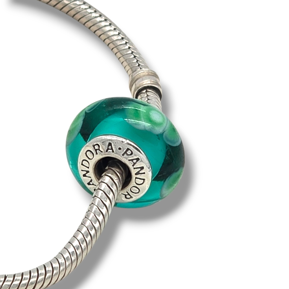 PANDORA Flowers For You Turquoise Green Murano Glass Bead Charm Retired - Picture 9 of 16
